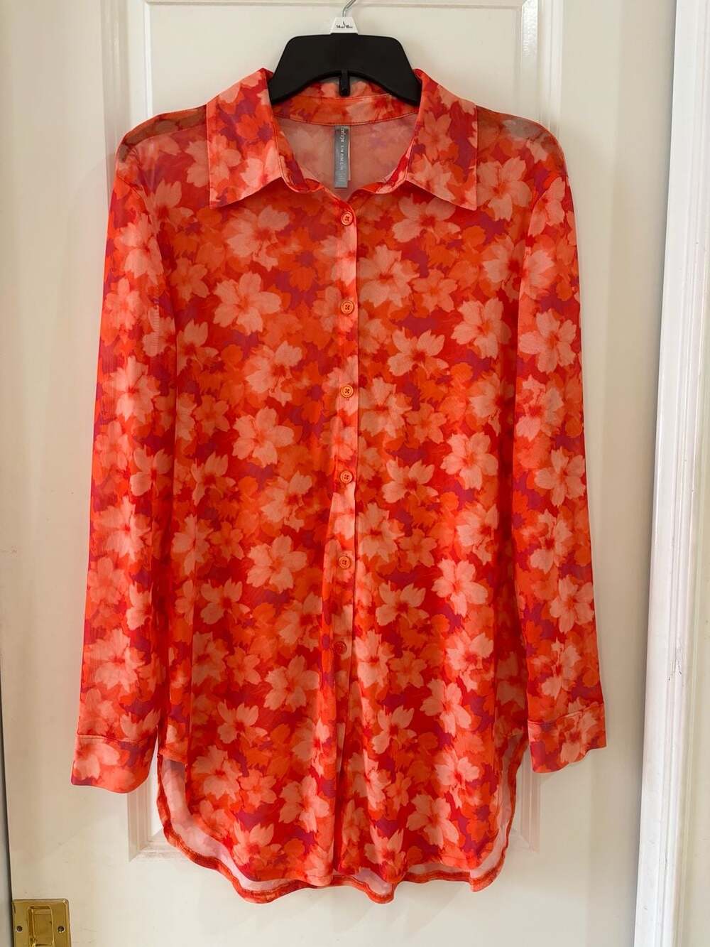 Refuge Orange Floral Print Sheer Long Sleeve Button-Down Shirt